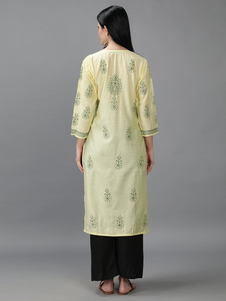 Cream-&-Green-Chanderi-Chikan-Straight-Kurta