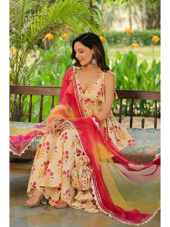 Creambell Cream & Red Printed Sharara Set
