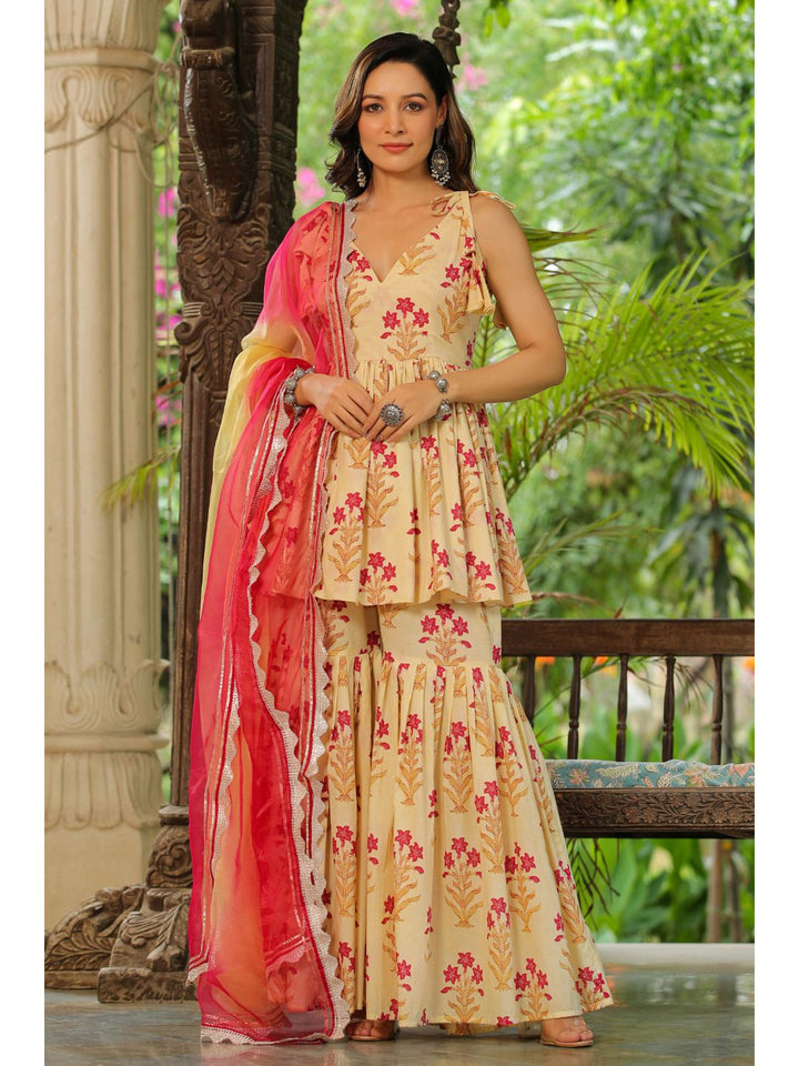 Creambell Cream & Red Printed Sharara Set