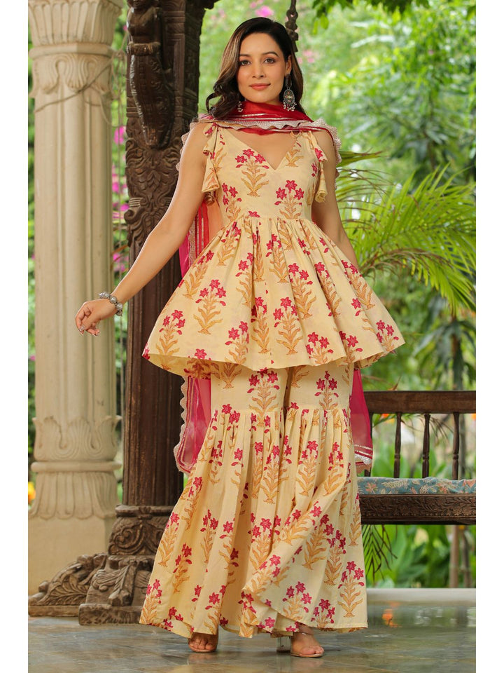 Creambell Cream & Red Printed Sharara Set