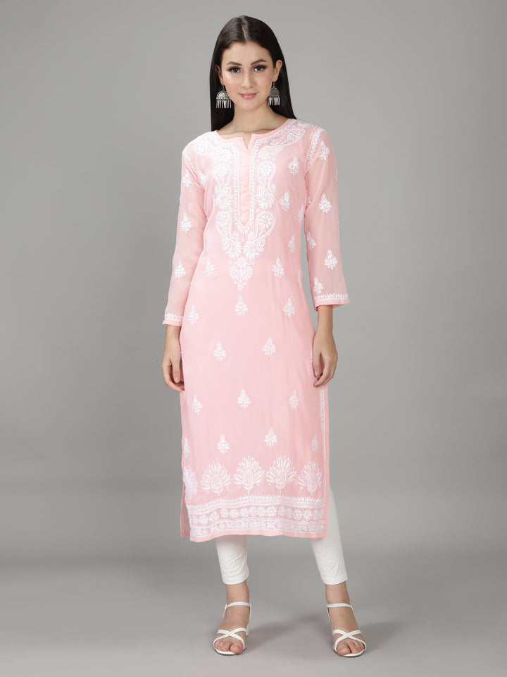Crepe Pink Georgette Chikan Kurta with Slip