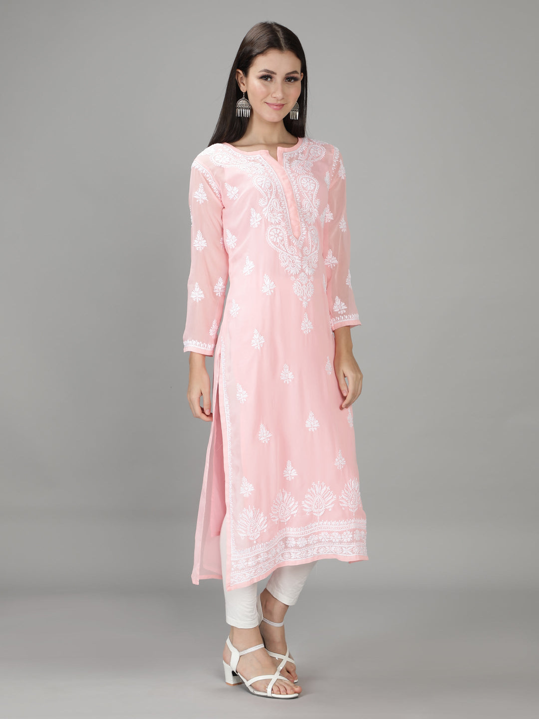 Crepe Pink Georgette Chikan Kurta with Slip