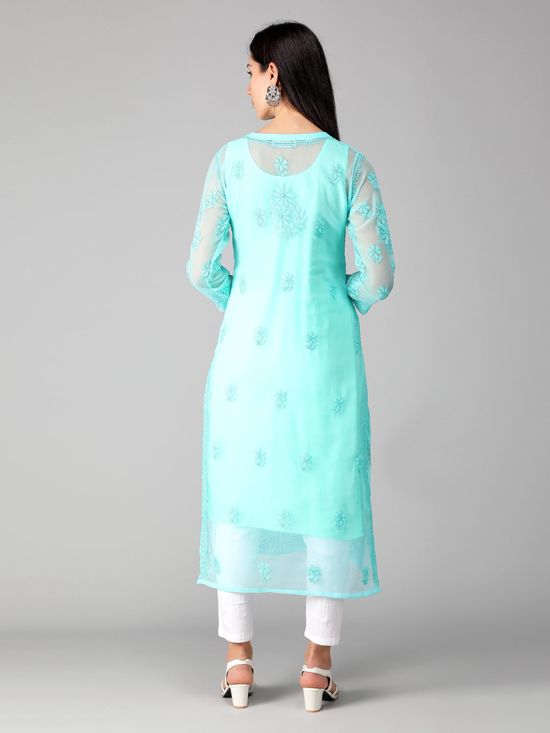 Cyan-Georgette-Chikan-Kurta-with-Slip