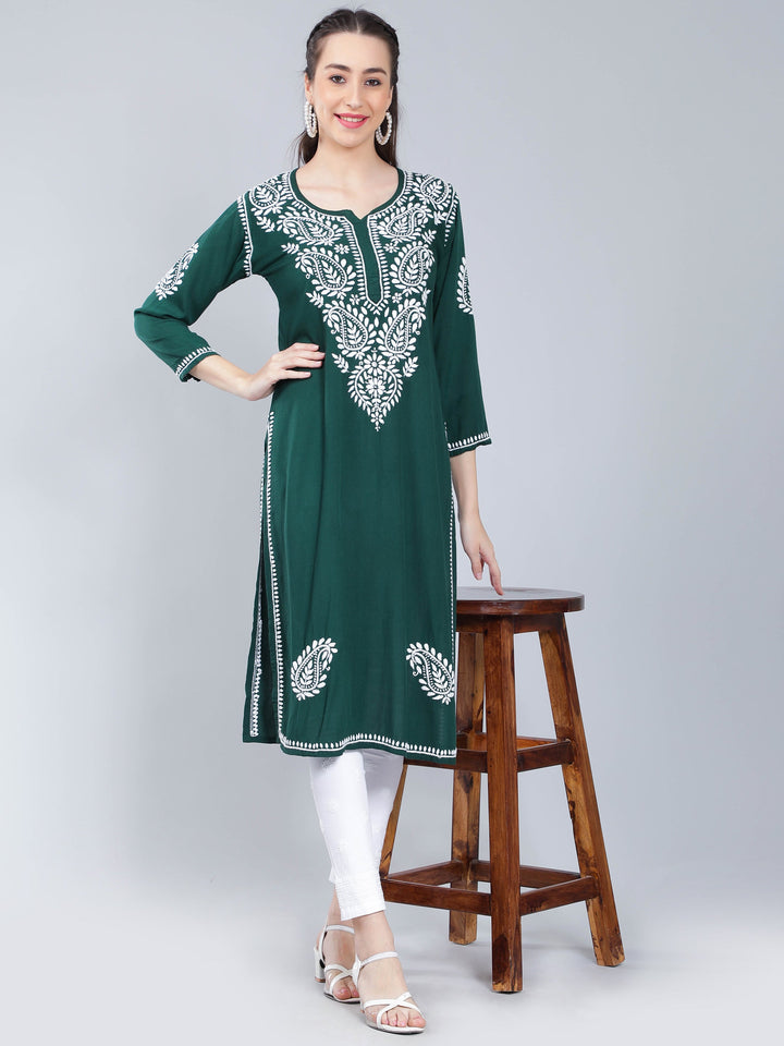 Dark-Green-Rayon-Kurta-with-White-Chikan-Work