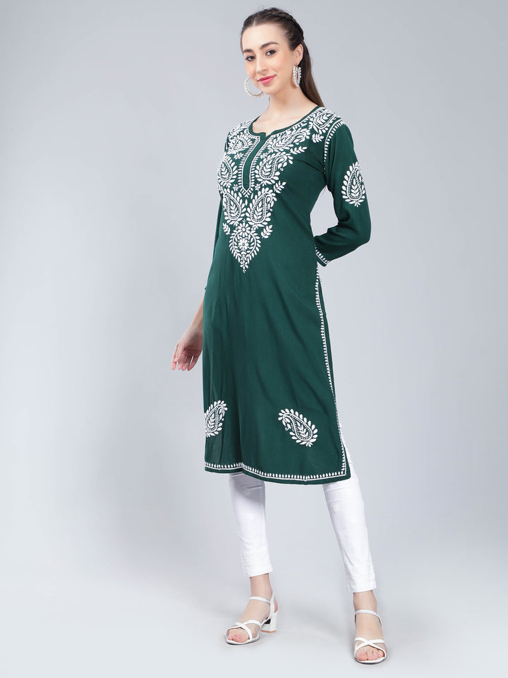 Dark-Green-Rayon-Kurta-with-White-Chikan-Work