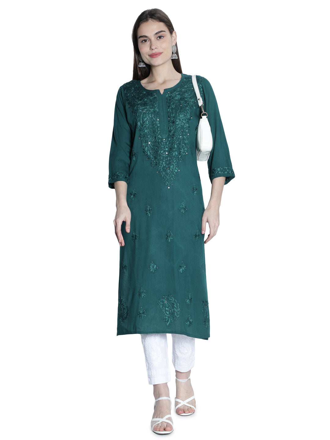 Dark-Teal-Cotton-Muqaish-Work-Straight-Kurta