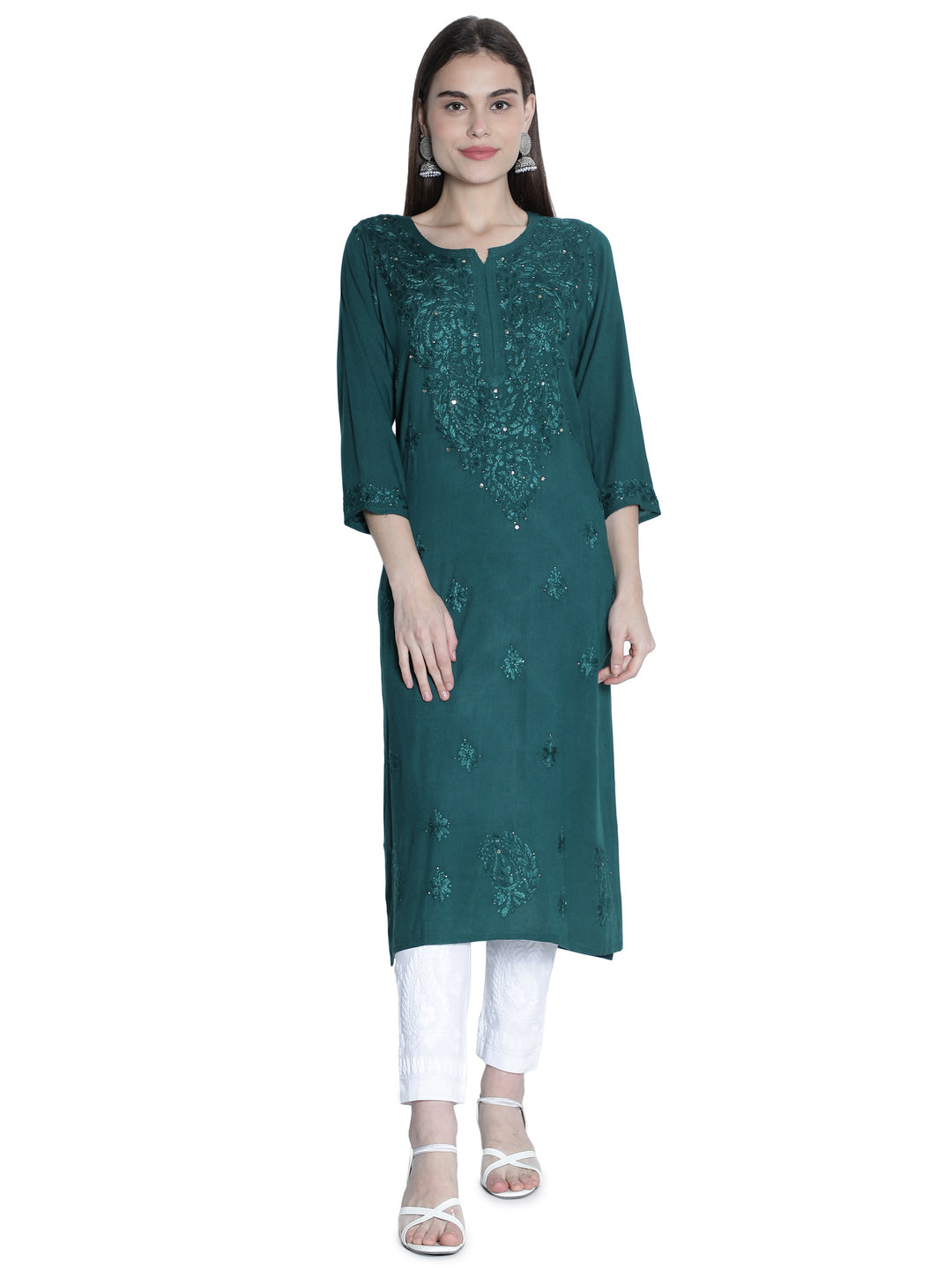Dark-Teal-Cotton-Muqaish-Work-Straight-Kurta