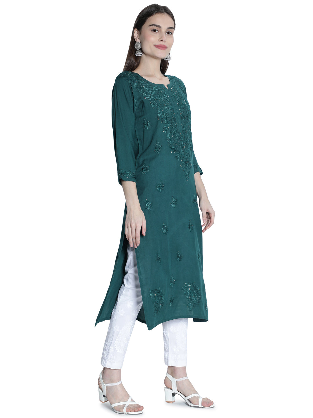 Dark-Teal-Cotton-Muqaish-Work-Straight-Kurta
