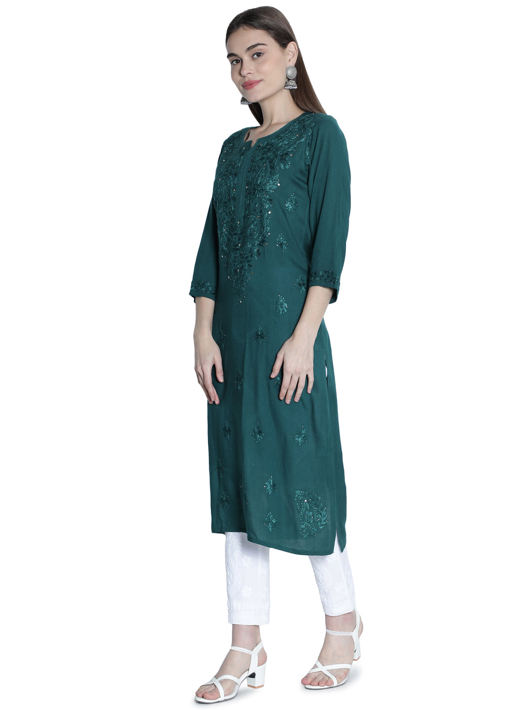 Dark-Teal-Cotton-Muqaish-Work-Straight-Kurta
