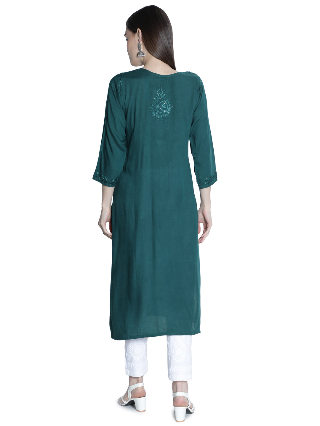 Dark-Teal-Cotton-Muqaish-Work-Straight-Kurta