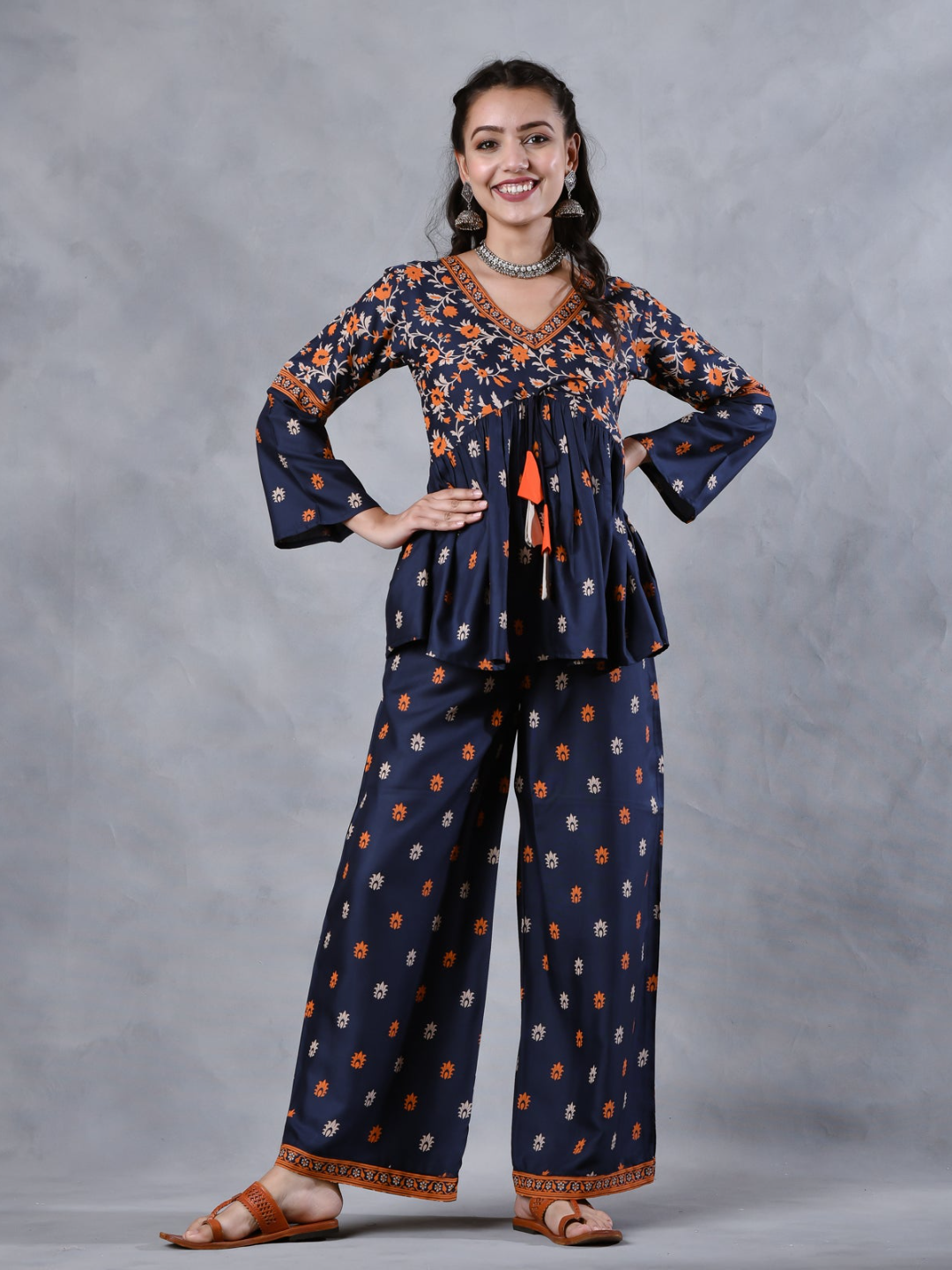 Deep Blue Floral Gathered Top Pant Set