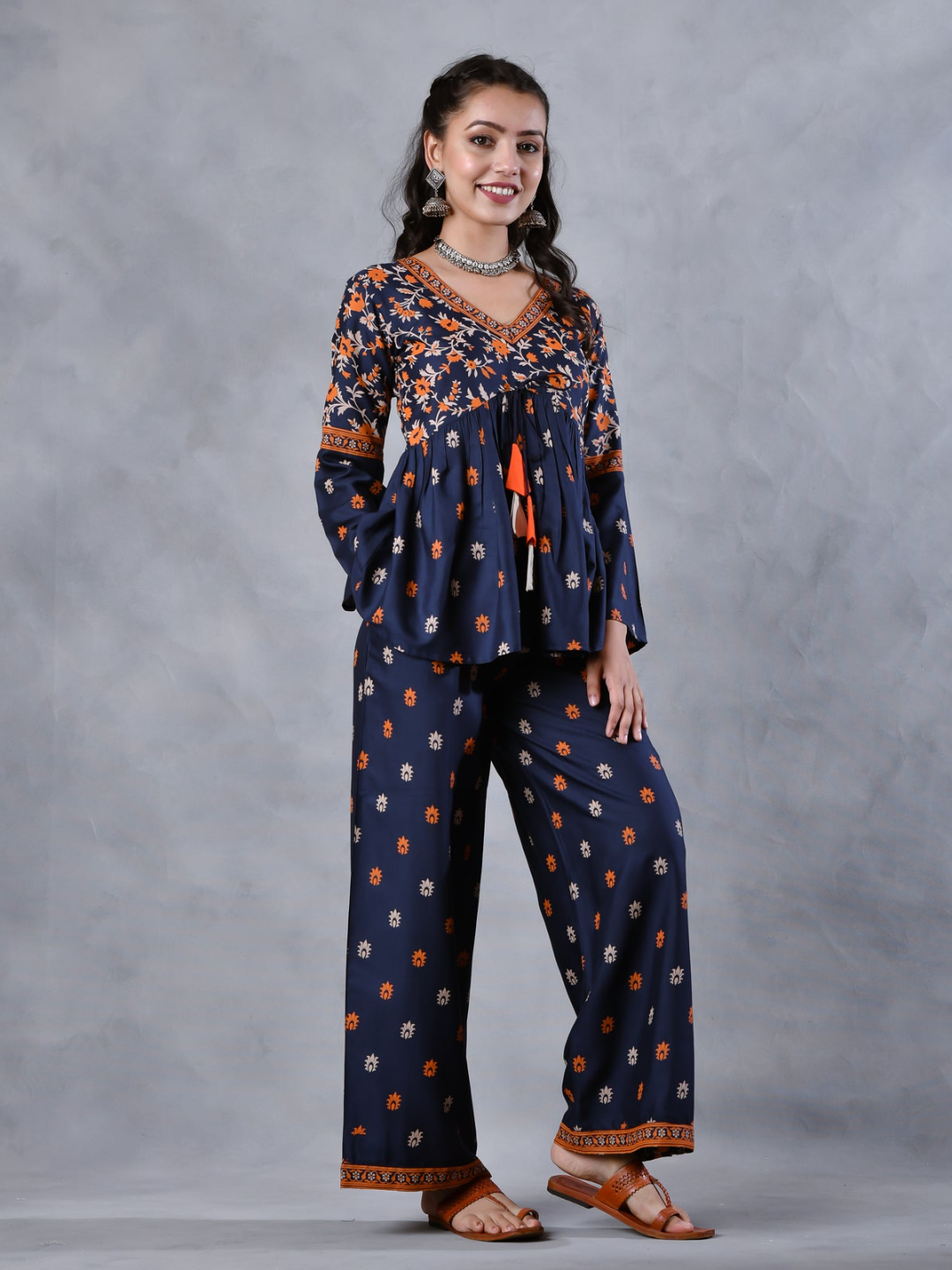 Deep Blue Floral Gathered Top Pant Set