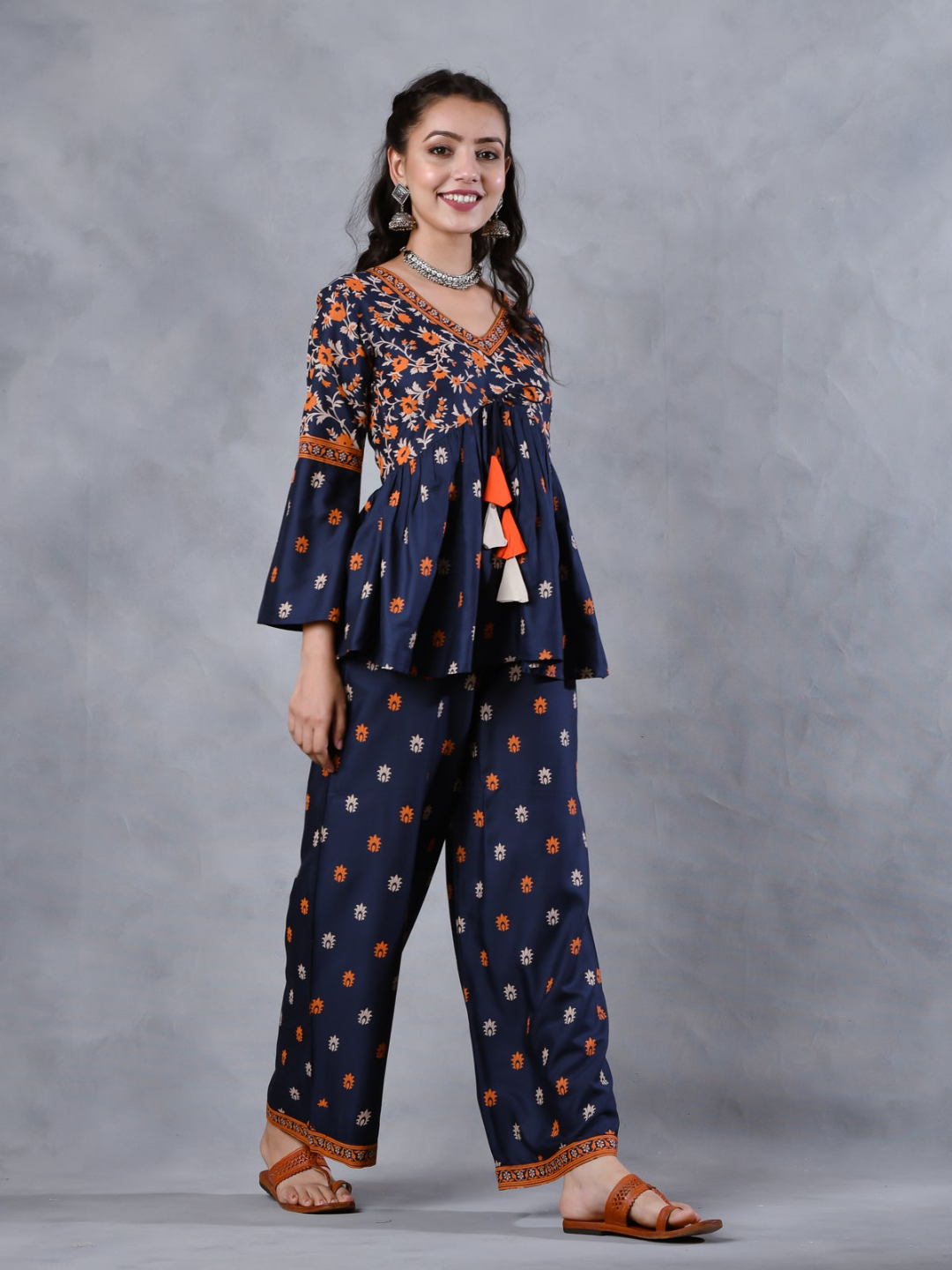 Deep Blue Floral Gathered Top Pant Set