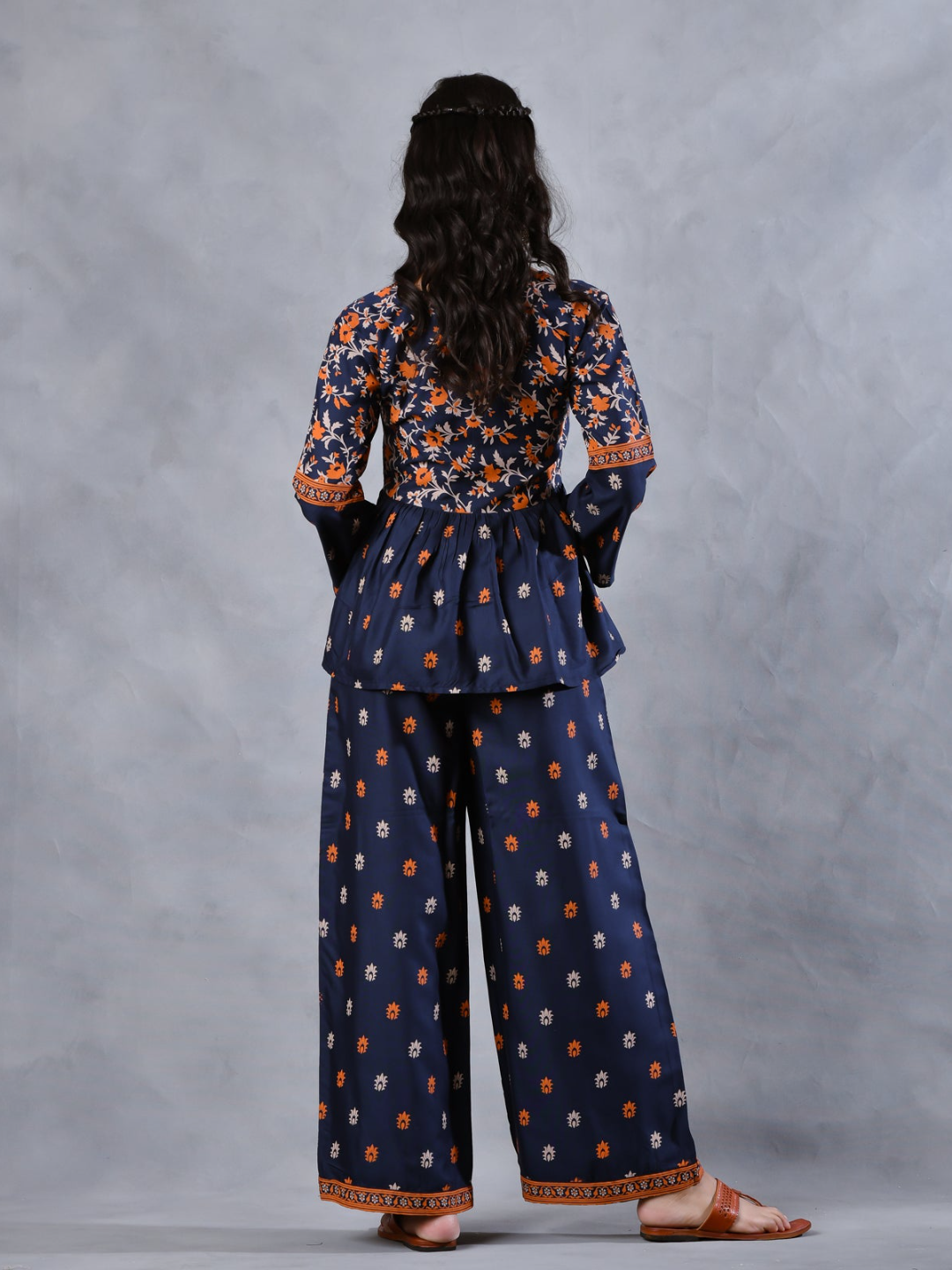 Deep Blue Floral Gathered Top Pant Set