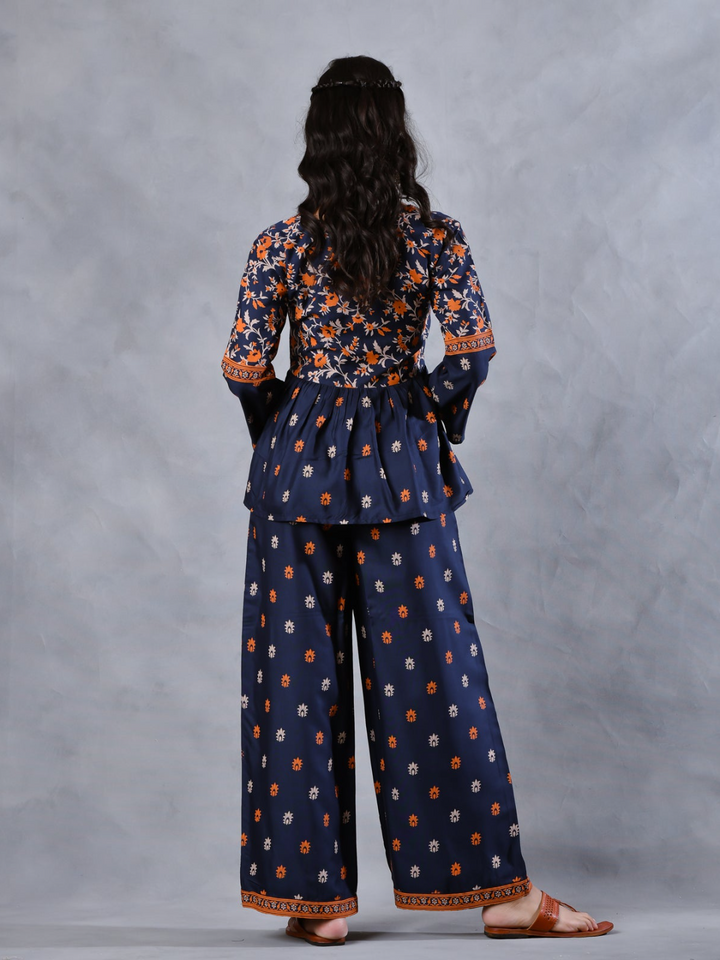 Deep Blue Floral Gathered Top Pant Set