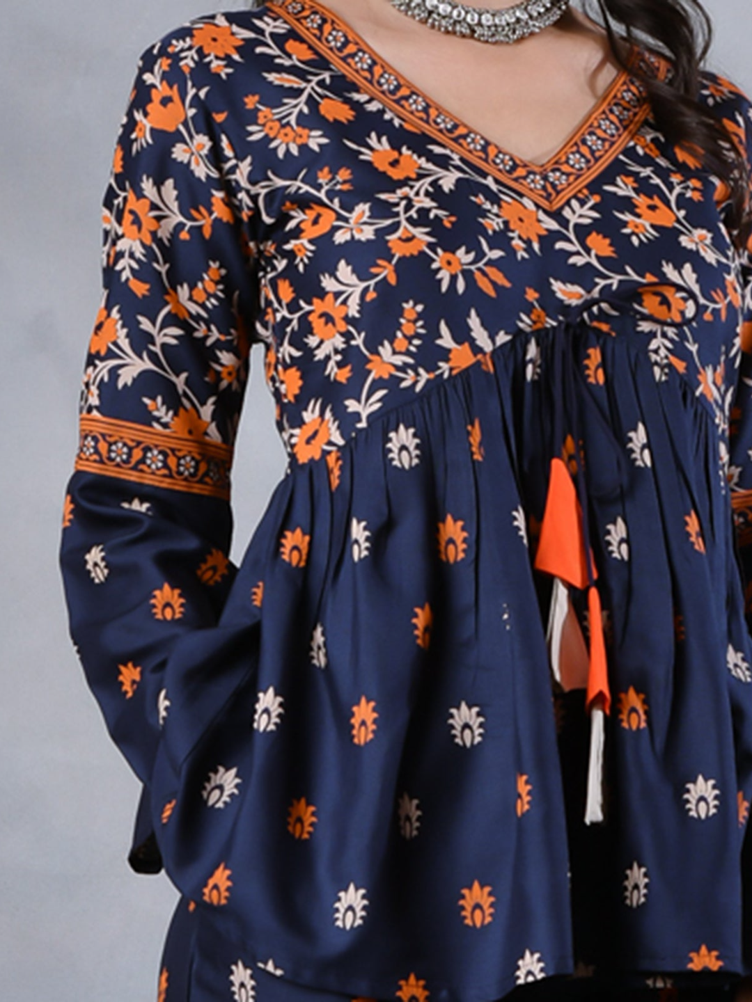 Deep Blue Floral Gathered Top Pant Set
