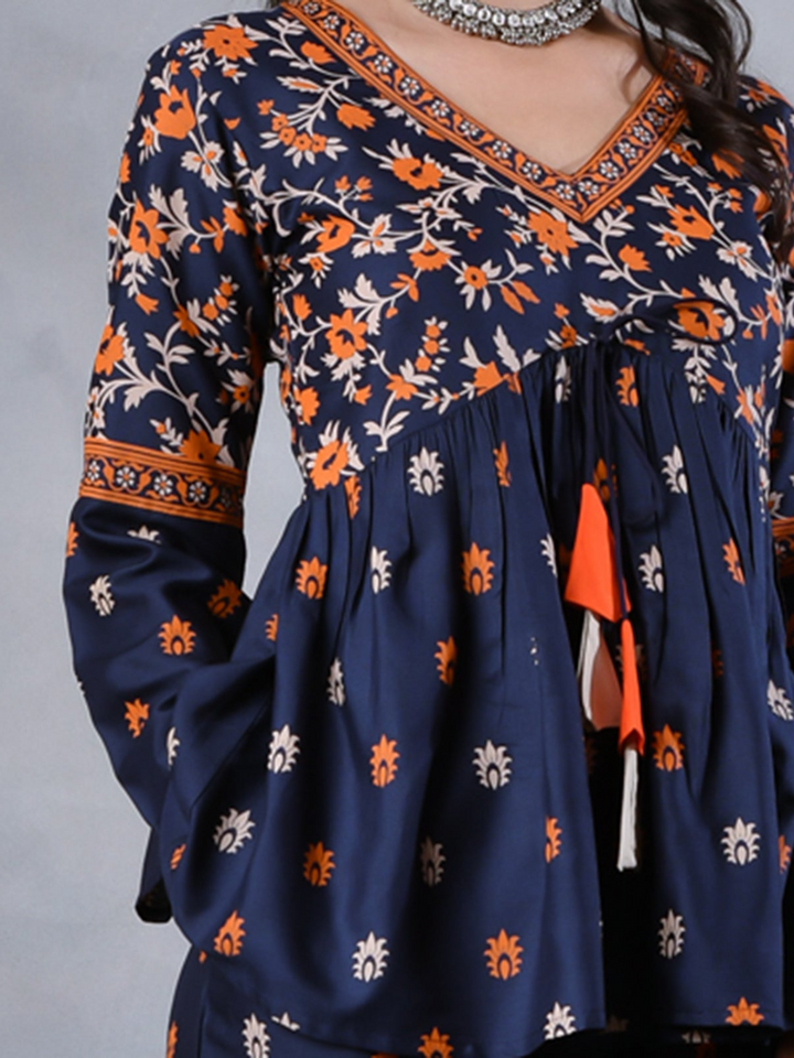 Deep Blue Floral Gathered Top Pant Set