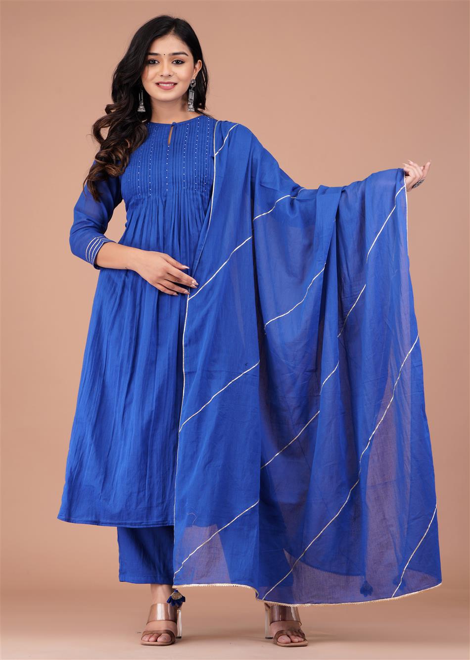 Egyptian Blue Pin Tucks Anarkali And Pant (Set of 3)