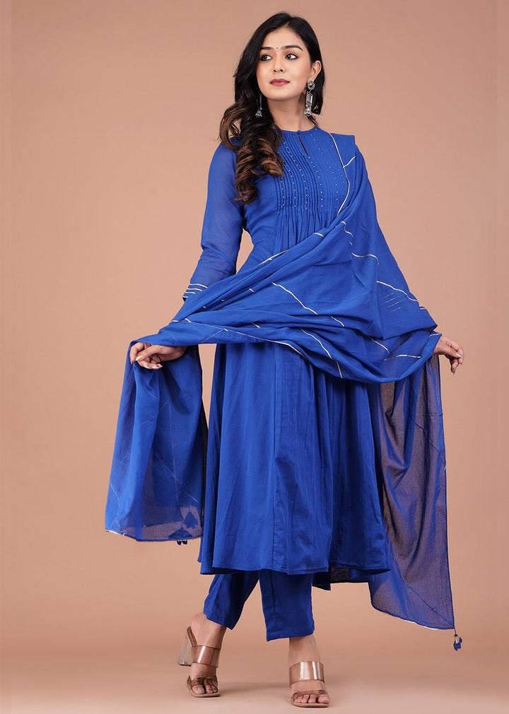 Egyptian Blue Pin Tucks Anarkali And Pant (Set of 3)