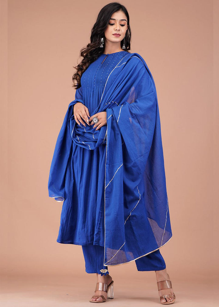 Egyptian Blue Pin Tucks Anarkali And Pant (Set of 3)