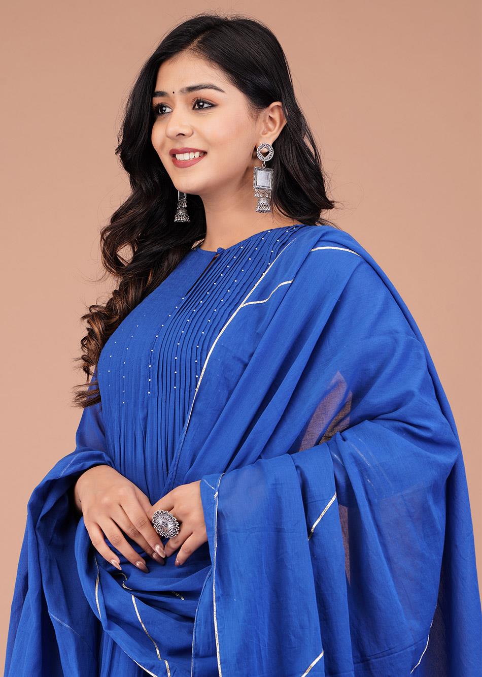 Egyptian Blue Pin Tucks Anarkali And Pant (Set of 3)