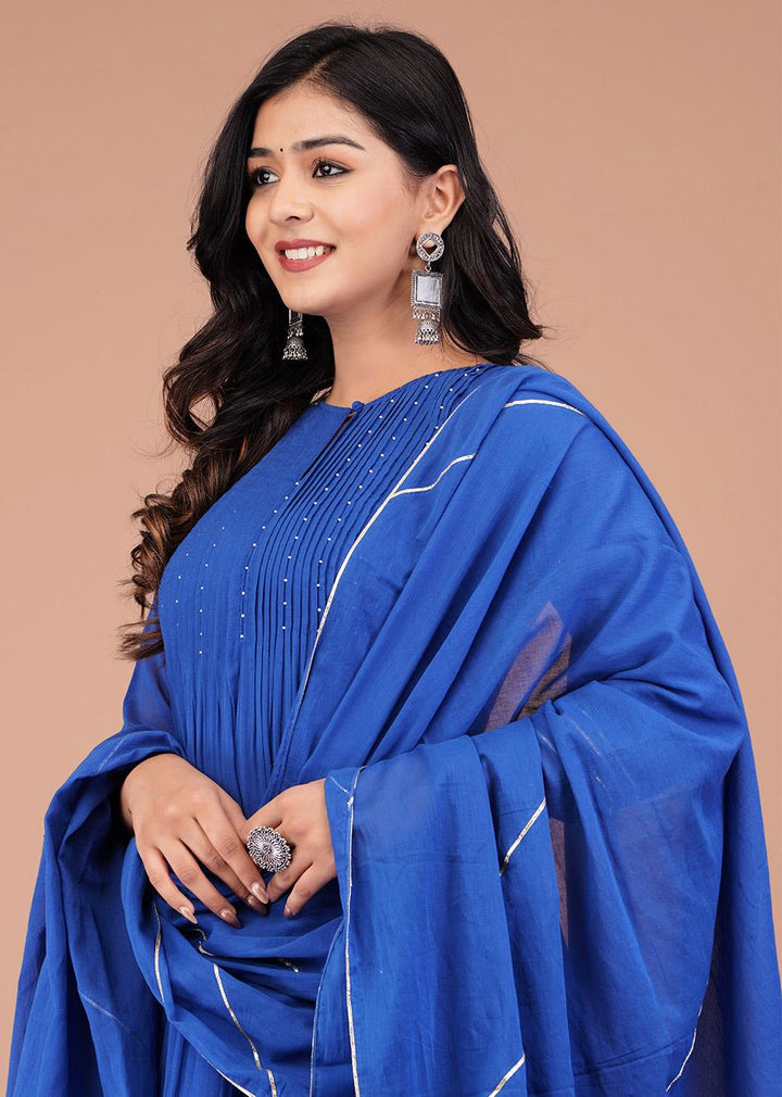 Egyptian Blue Pin Tucks Anarkali And Pant (Set of 3)