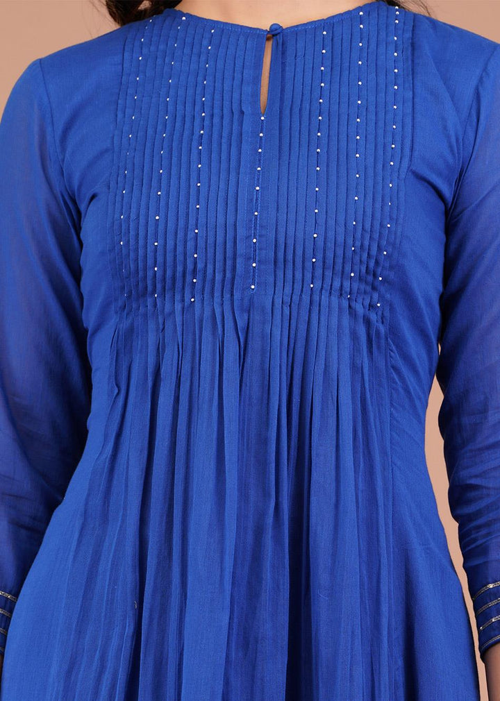 Egyptian Blue Pin Tucks Anarkali And Pant (Set of 3)