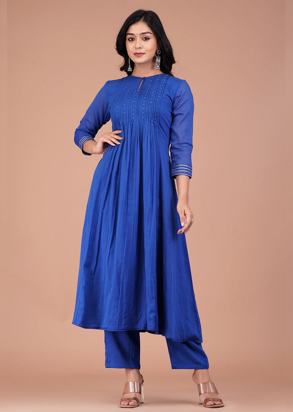 Egyptian Blue Pin Tucks Anarkali And Pant (Set of 3)