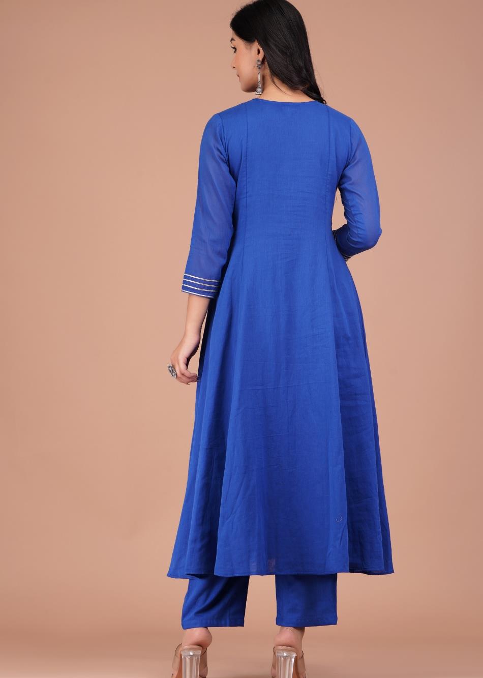 Egyptian Blue Pin Tucks Anarkali And Pant (Set of 3)