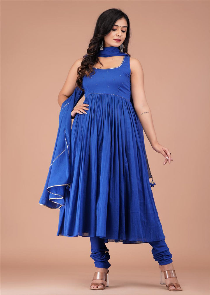 Egyptian Blue Sleeveless Gathered Anarkali (Set of 3)