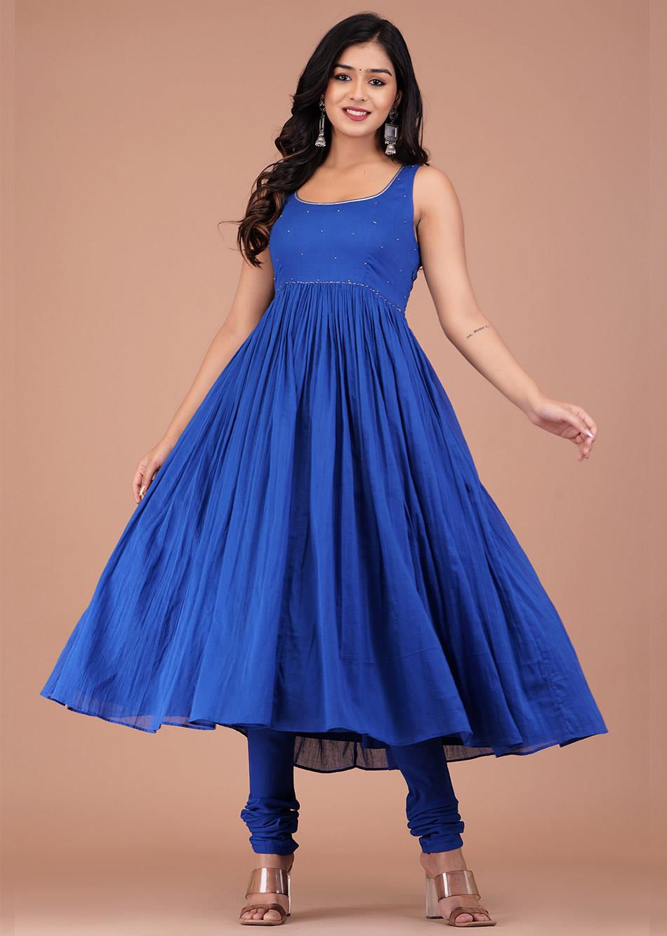 Egyptian Blue Sleeveless Gathered Anarkali (Set of 3)