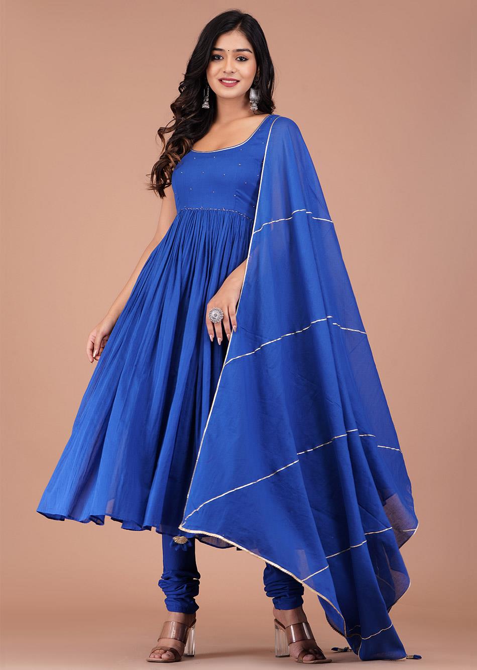 Egyptian Blue Sleeveless Gathered Anarkali (Set of 3)