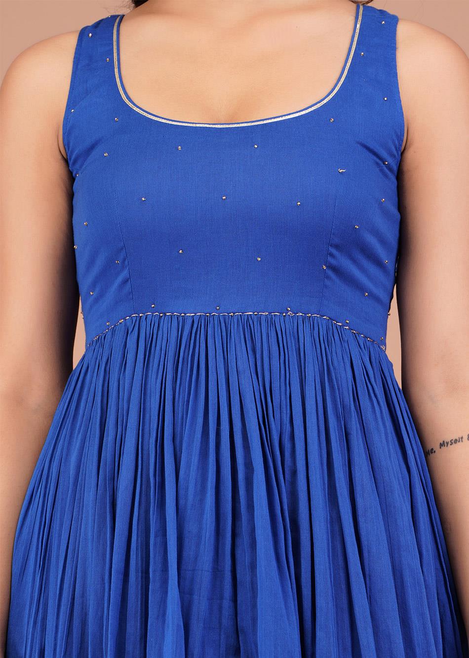Egyptian Blue Sleeveless Gathered Anarkali (Set of 3)