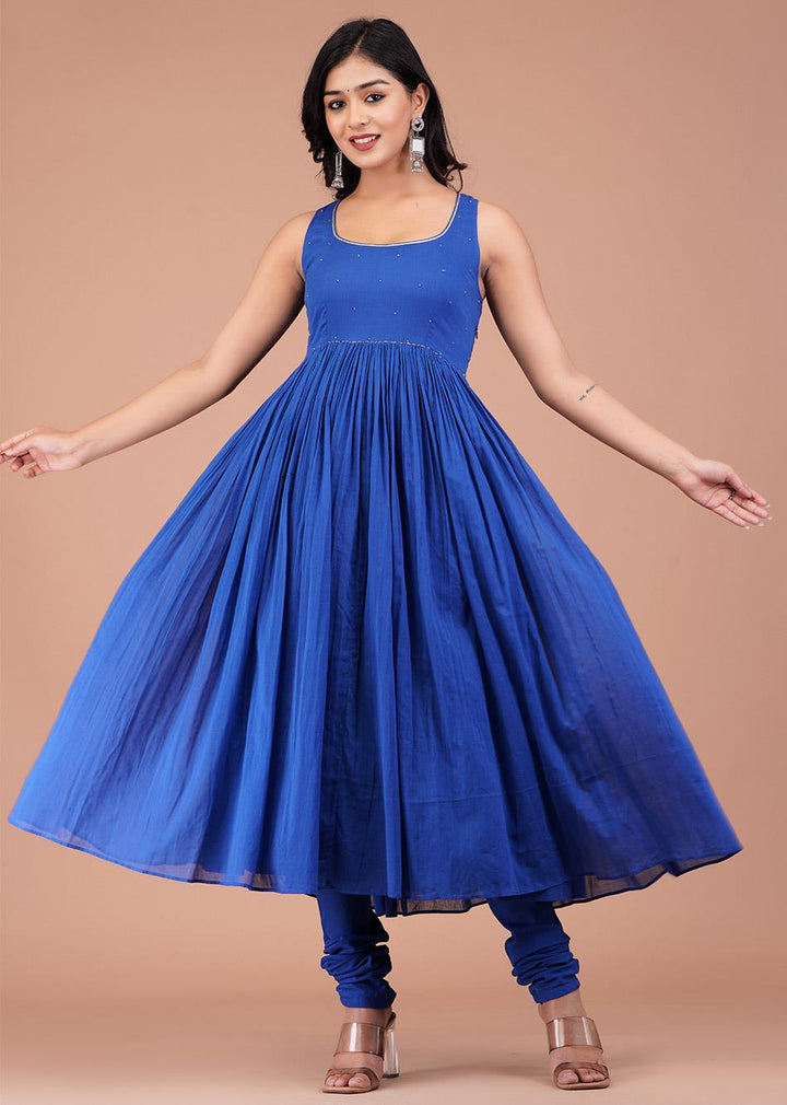 Egyptian Blue Sleeveless Gathered Anarkali (Set of 3)