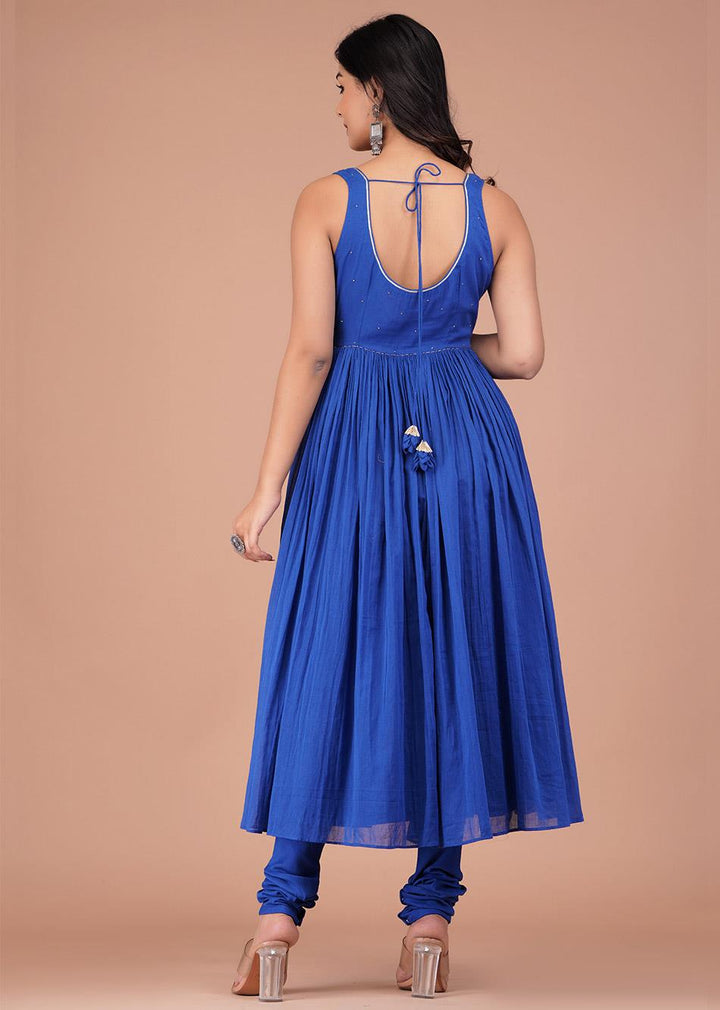 Egyptian Blue Sleeveless Gathered Anarkali (Set of 3)