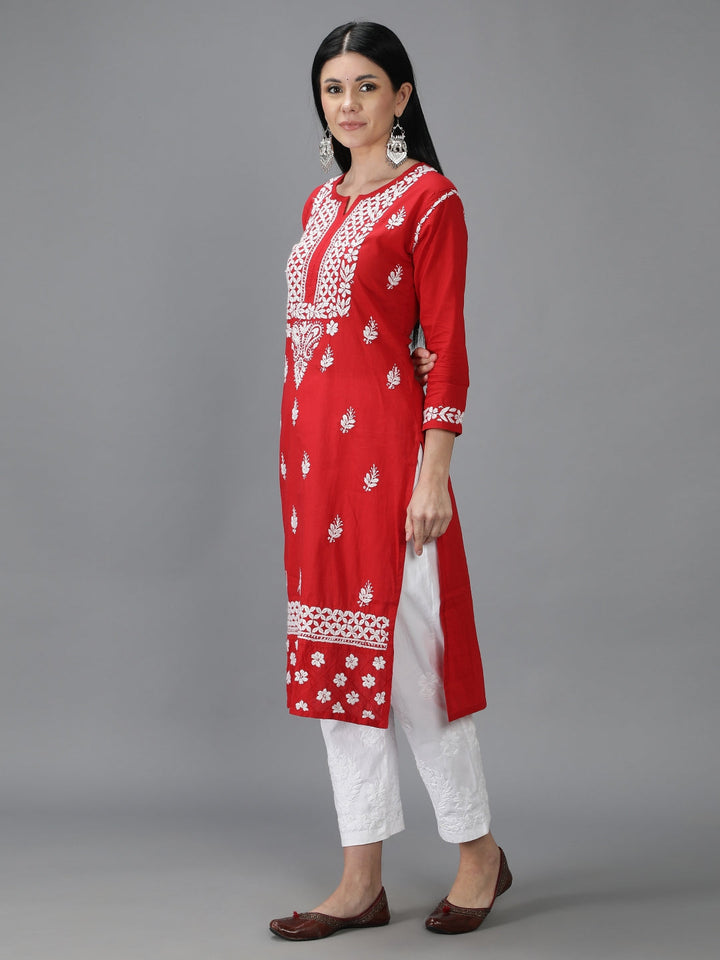 Embroidered-Chikankari-Red-Cotton-Kurta