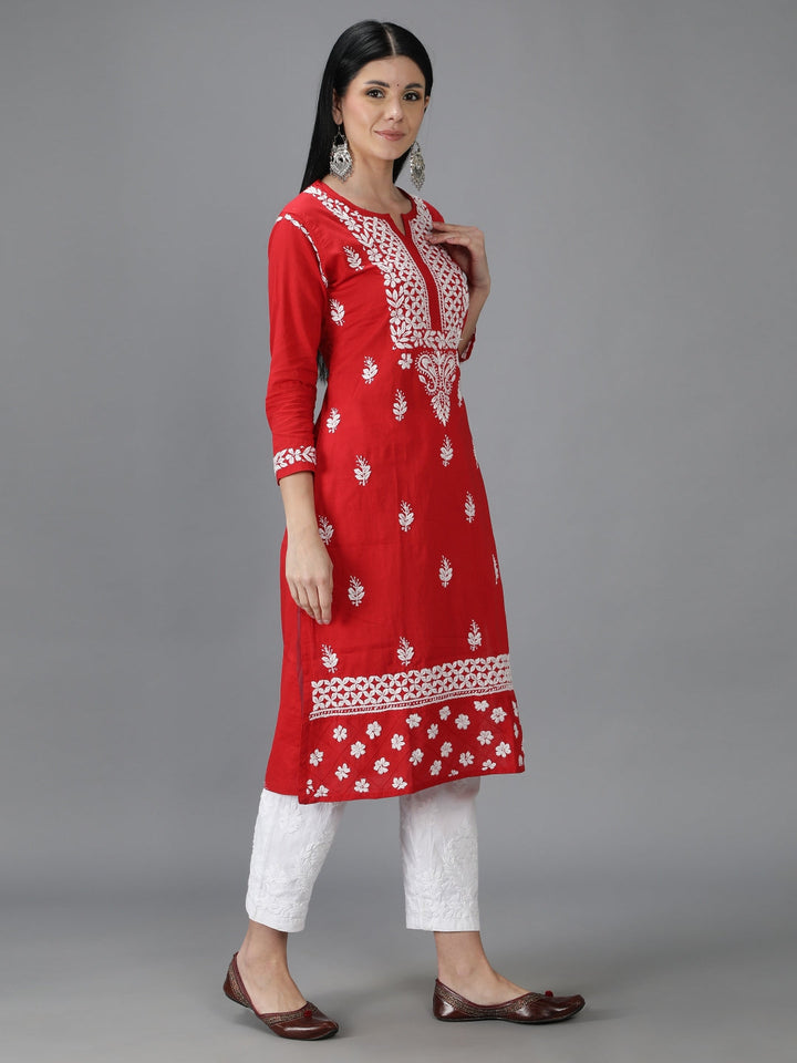 Embroidered-Chikankari-Red-Cotton-Kurta