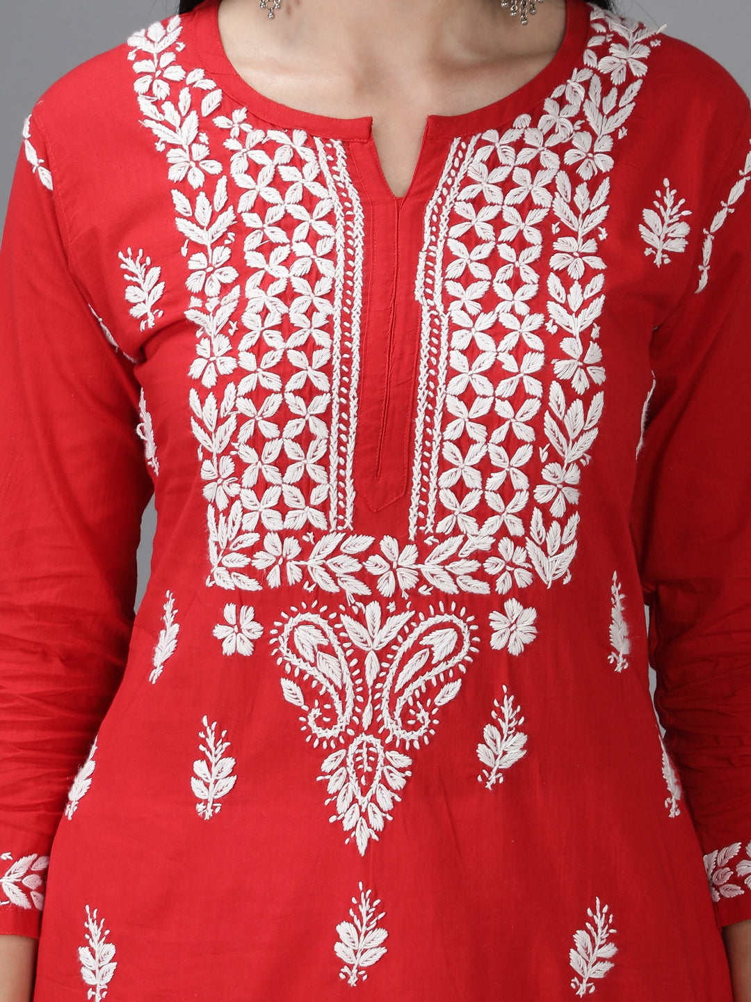 Embroidered-Chikankari-Red-Cotton-Kurta