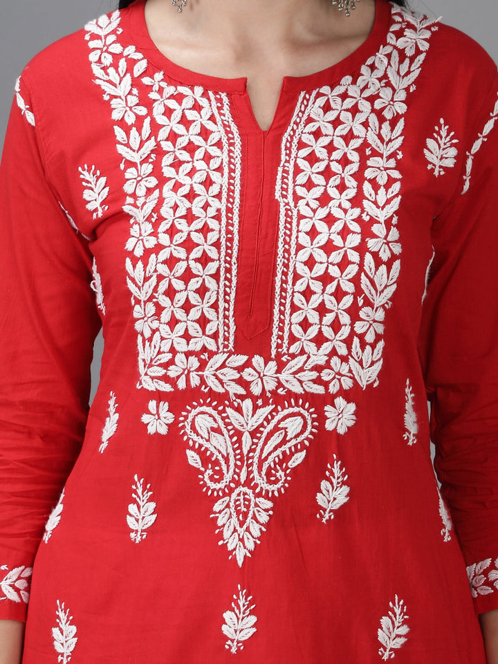 Embroidered-Chikankari-Red-Cotton-Kurta