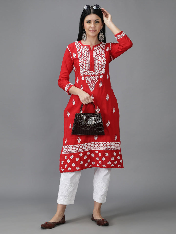 Embroidered-Chikankari-Red-Cotton-Kurta