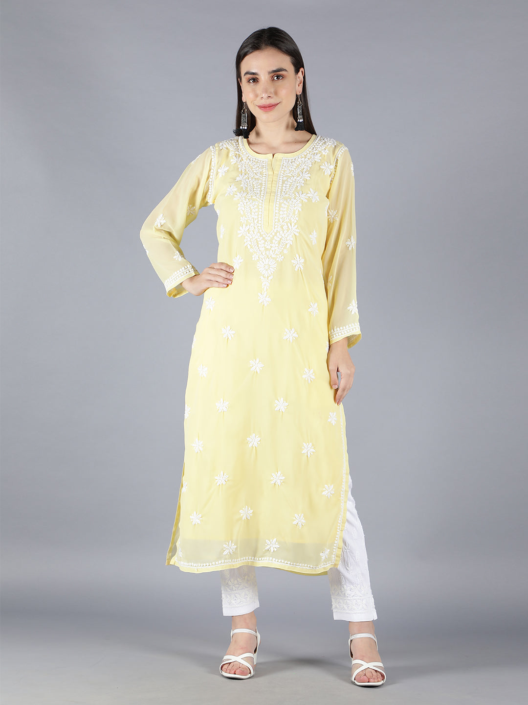 Embroidered Fawn Georgette Chikankari Kurta