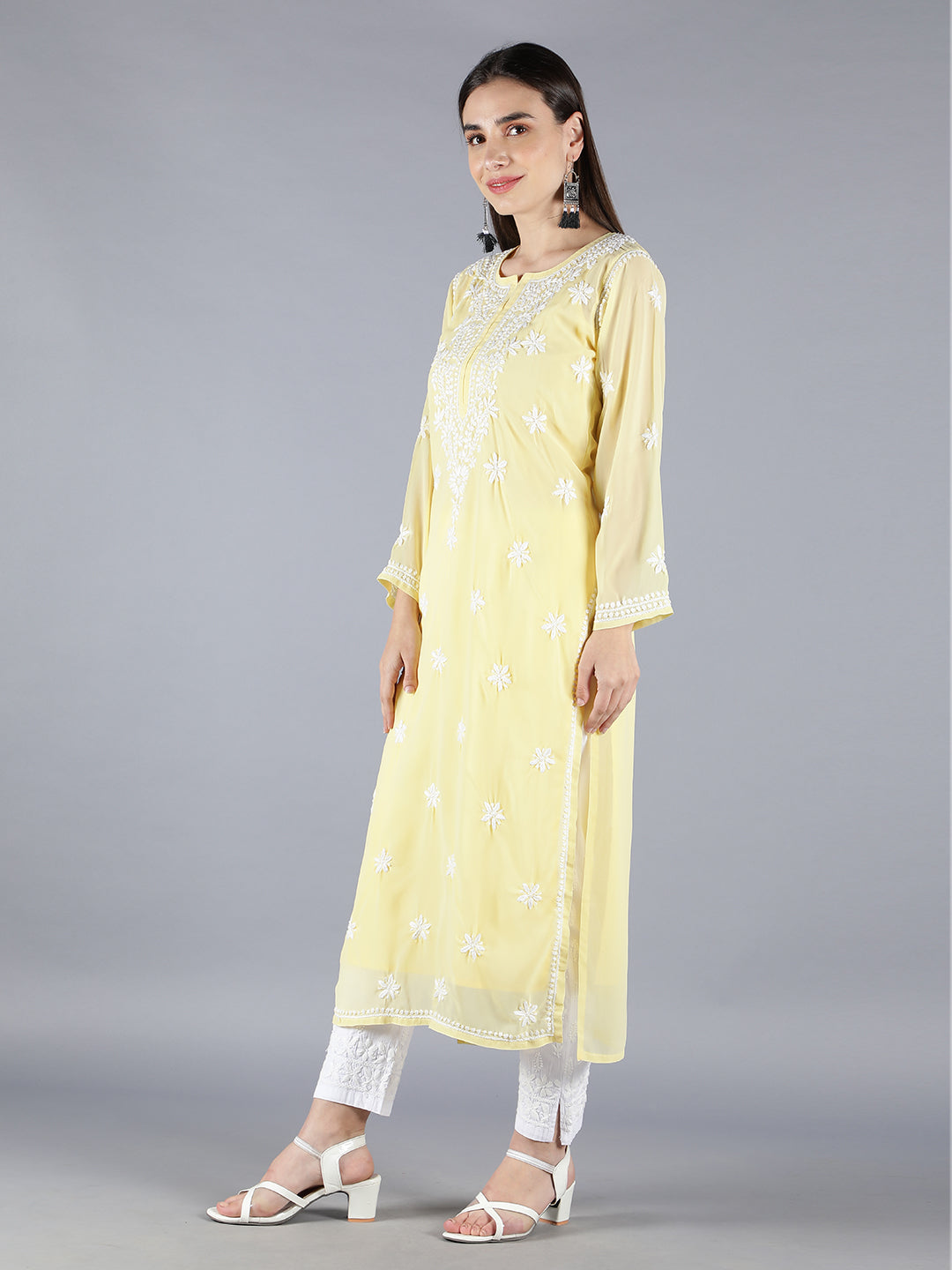Embroidered Fawn Georgette Chikankari Kurta