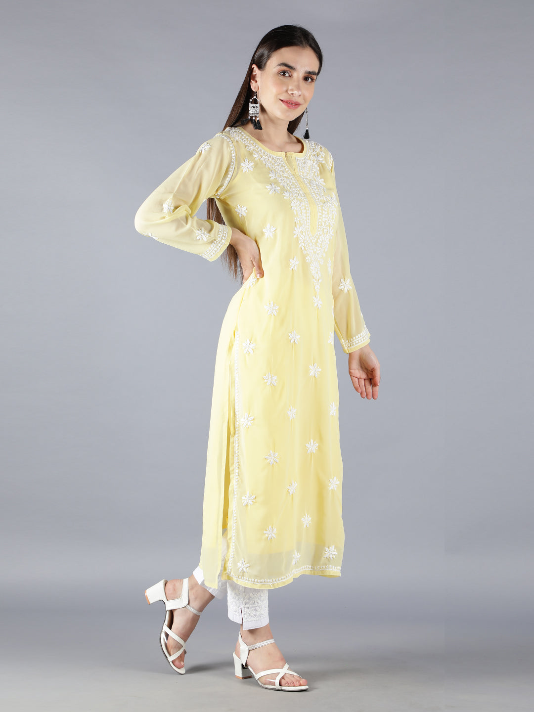 Embroidered Fawn Georgette Chikankari Kurta