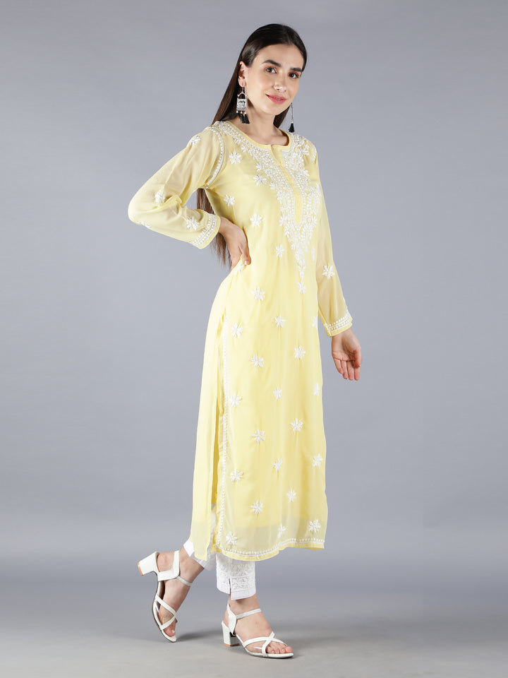 Embroidered Fawn Georgette Chikankari Kurta