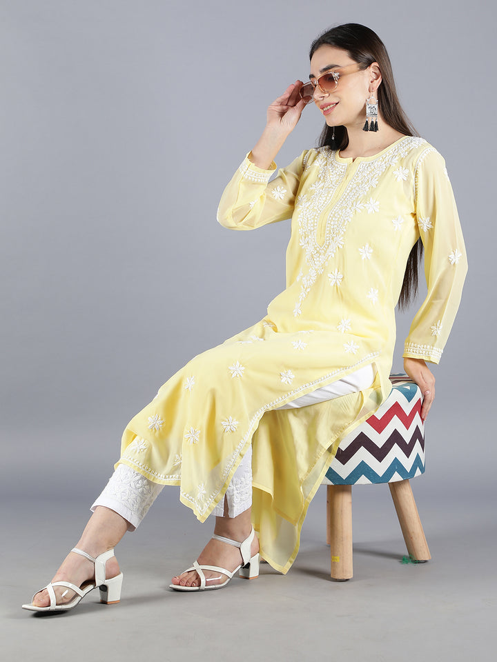 Embroidered Fawn Georgette Chikankari Kurta