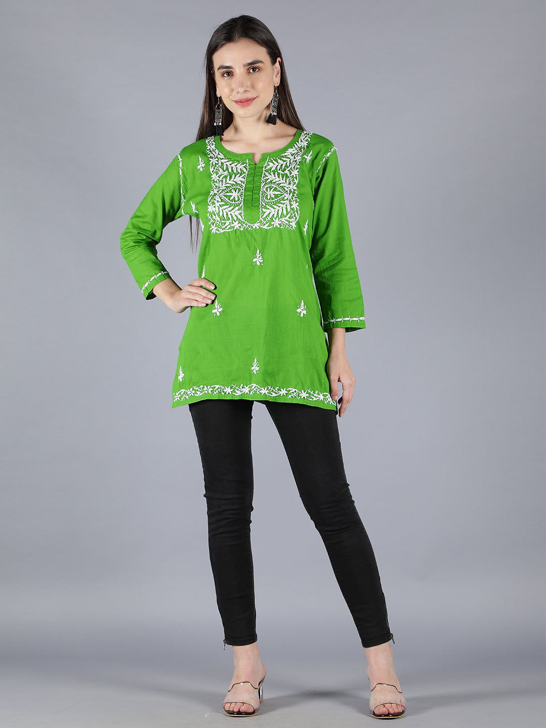 Embroidered Green Chikankari Short Top Tunic