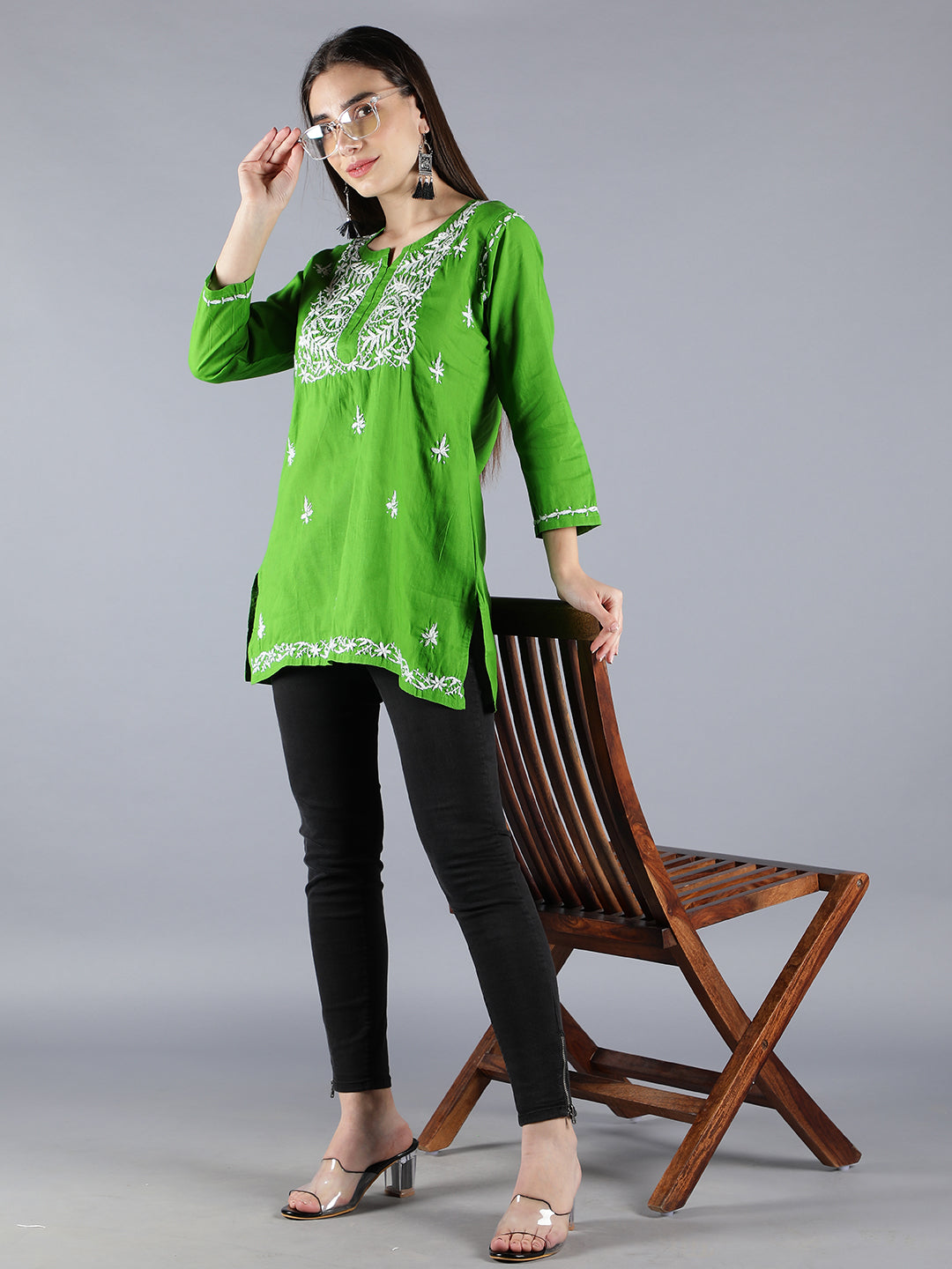 Embroidered Green Chikankari Short Top Tunic