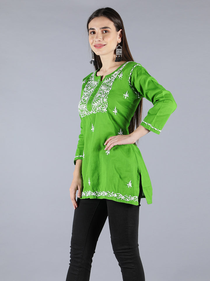 Embroidered Green Chikankari Short Top Tunic