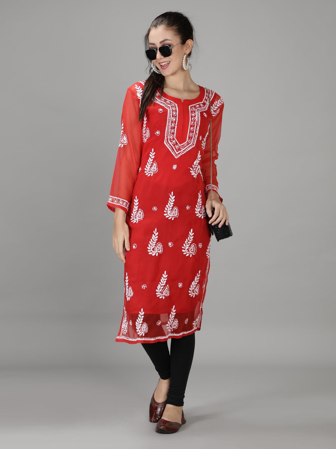 Embroidered-Red-Lucknowi-Chikan-Kurti
