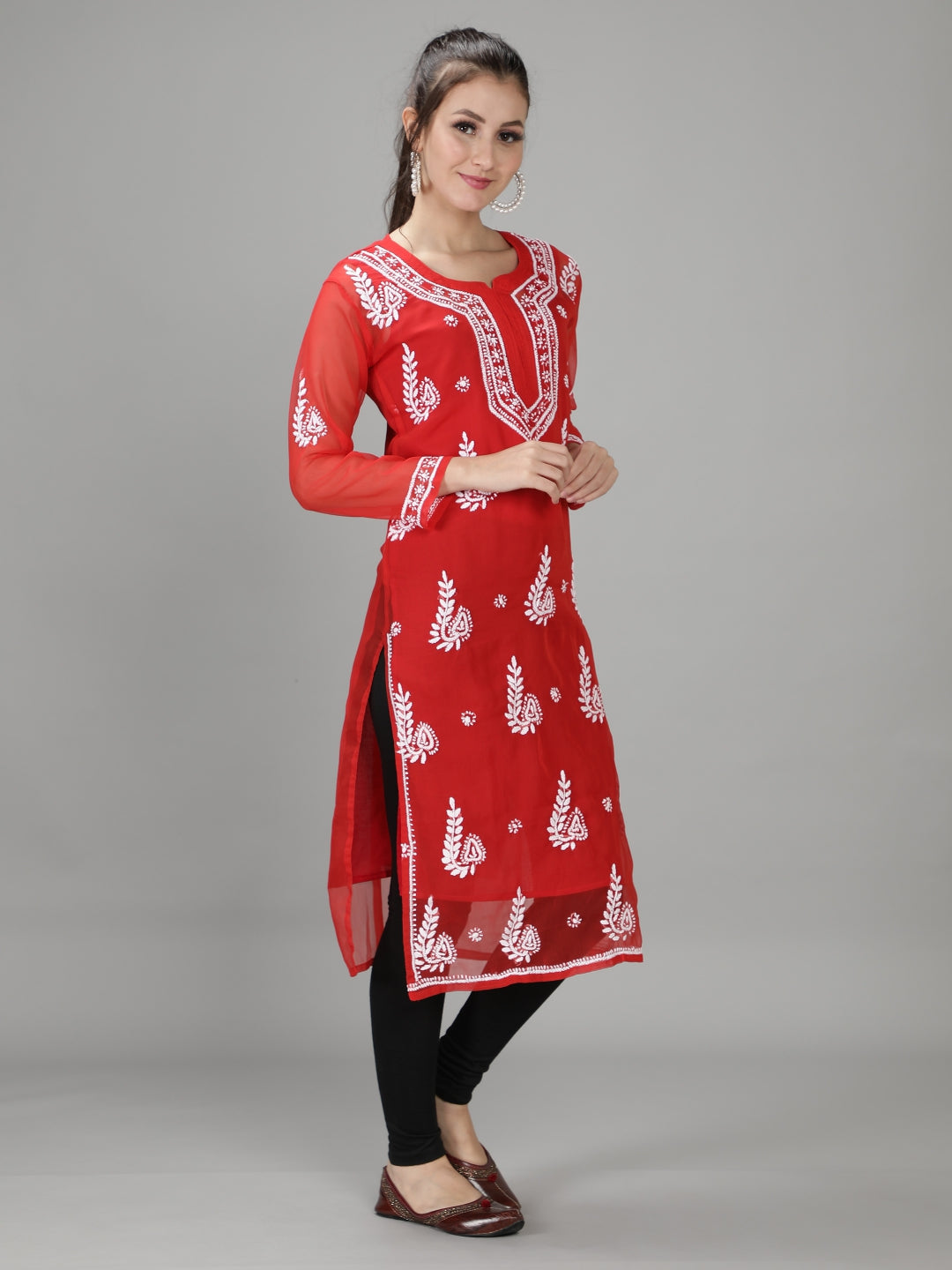 Embroidered-Red-Lucknowi-Chikan-Kurti
